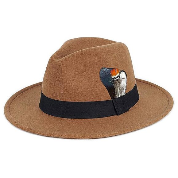 Classic Fedora Hats for Men Women Wide Brim Felt Hat A-khaki
